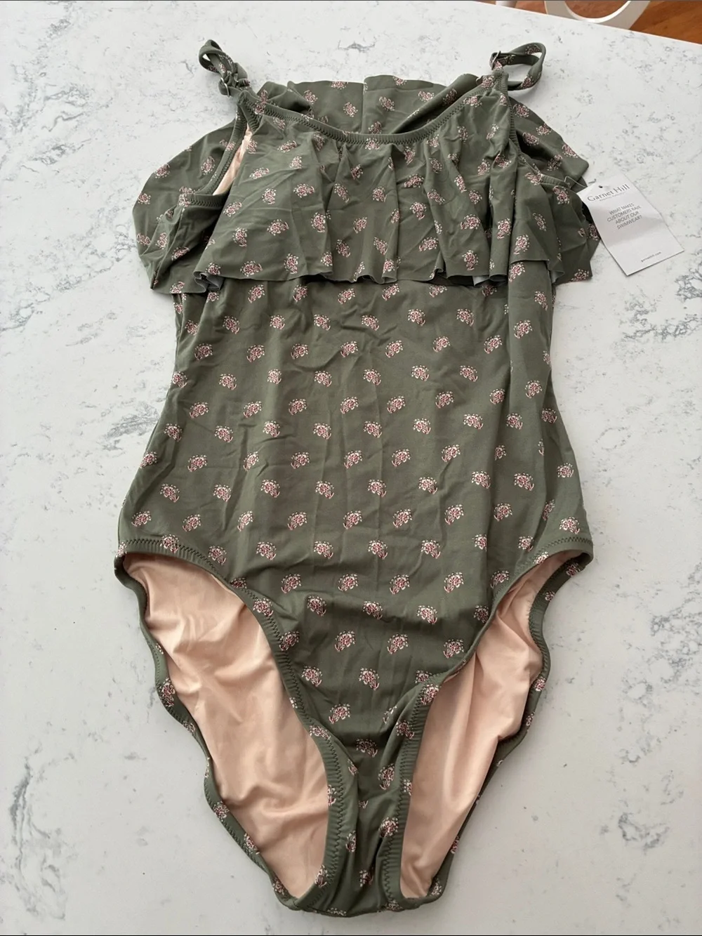 NWT sz12 Garnet Hill Green Floral Ruffle One-Piece Swimsuit